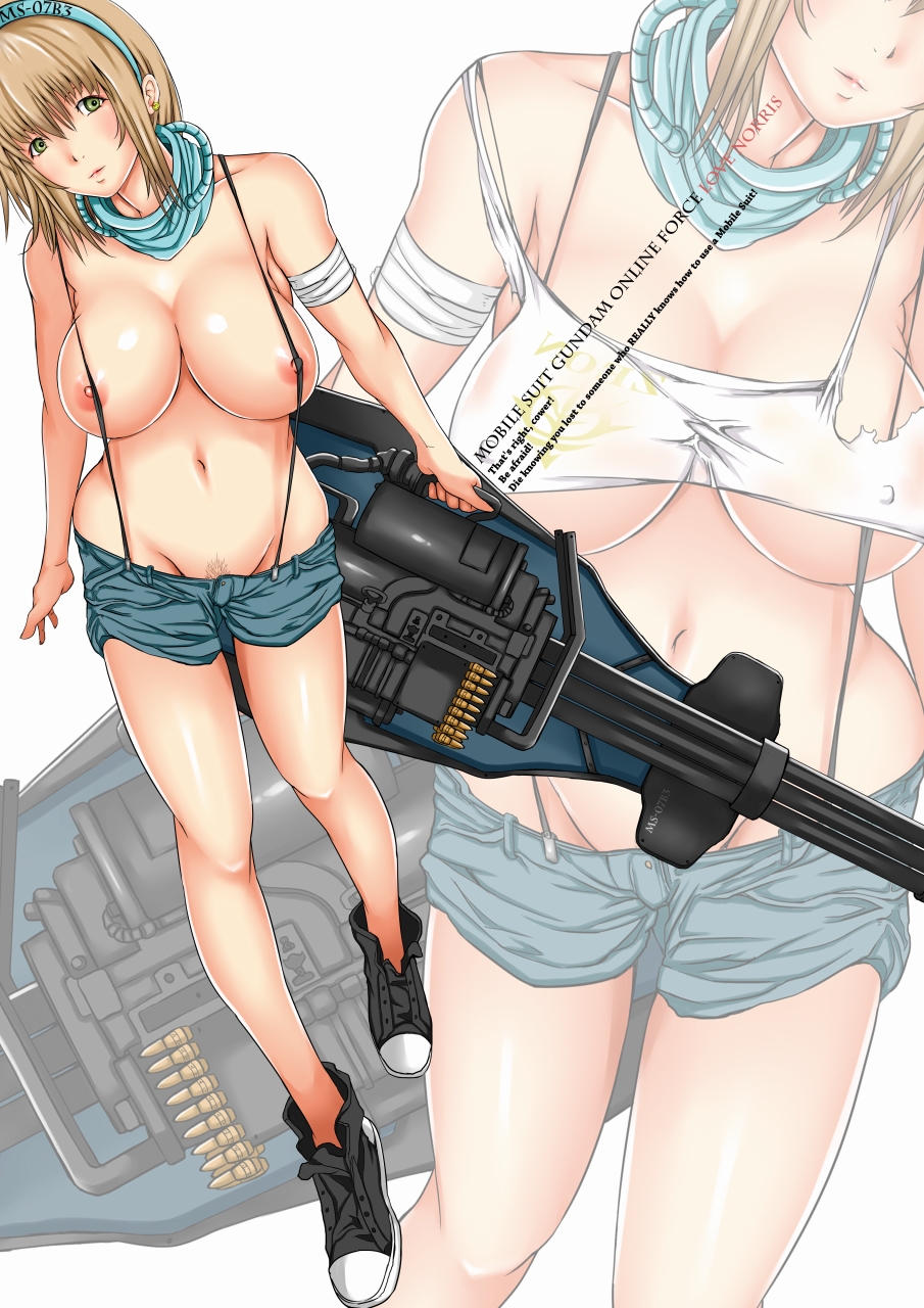areolae bandages blonde_hair breasts bullet cleavage detached_collar earrings gatling_gun gouf_custom green_eyes groin gun gundam gundam_08th_ms_team hairband highres huge_weapon jewelry justin_(sera_tony) large_breasts minigun navel nipples no_panties no_socks personification pubic_hair see-through shoes short_hair shorts sneakers solo suspenders text_focus topless weapon zoom_layer