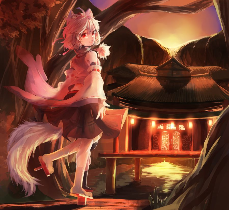 animal_ears detached_sleeves geta hat hat_ribbon house inubashiri_momiji long_sleeves looking_at_viewer looking_back red_eyes ribbon rikkido shirt silver_hair skirt solo tail tokin_hat touhou wide_sleeves wolf_ears wolf_tail