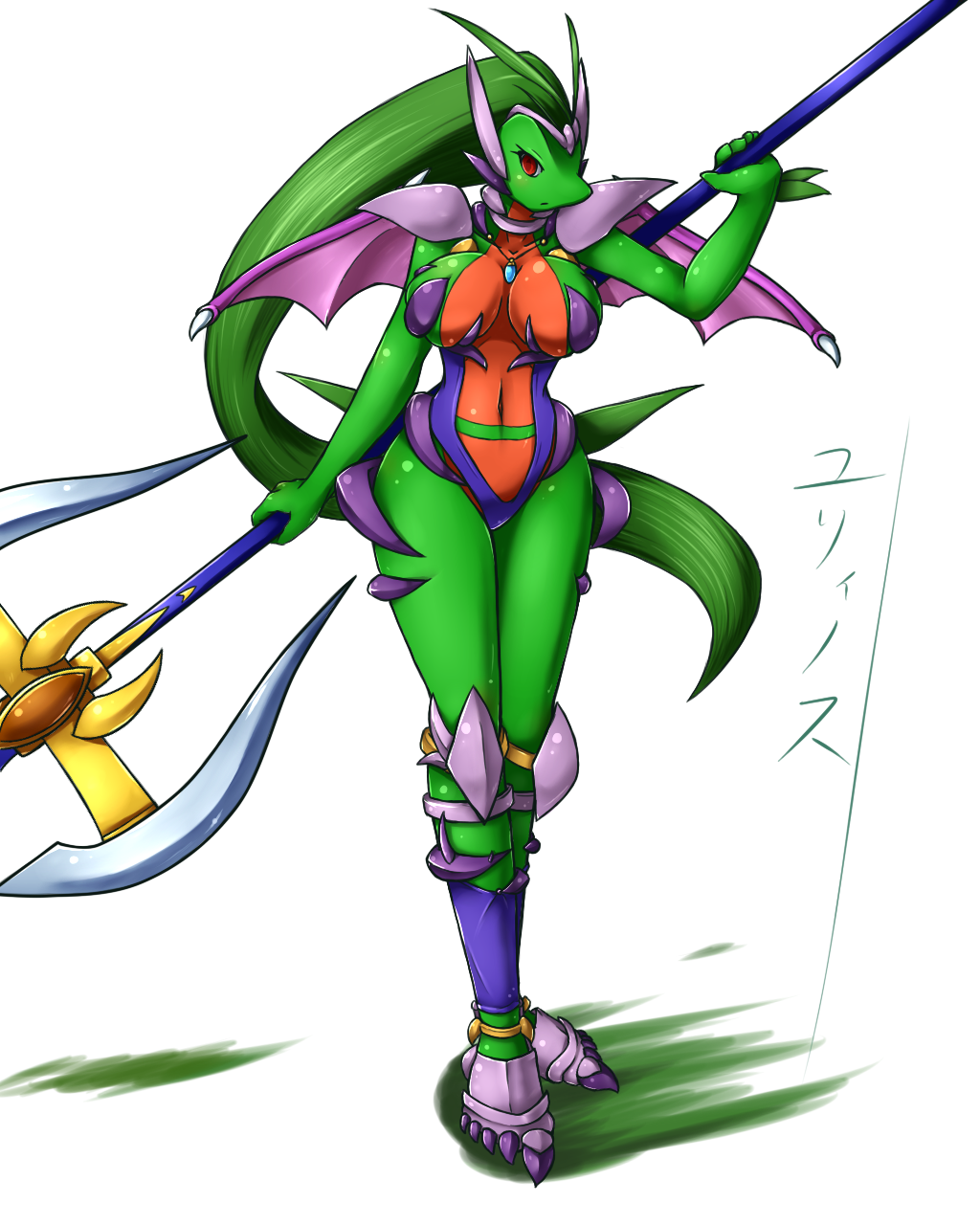 anthrofied breasts day-t female green_body green_hair grovyle hair lizard long_hair looking_at_viewer navel nintendo plain_background pok&#233;mon pok&eacute;mon red_eyes reptile scalie solo standing translated video_games weapon white_background