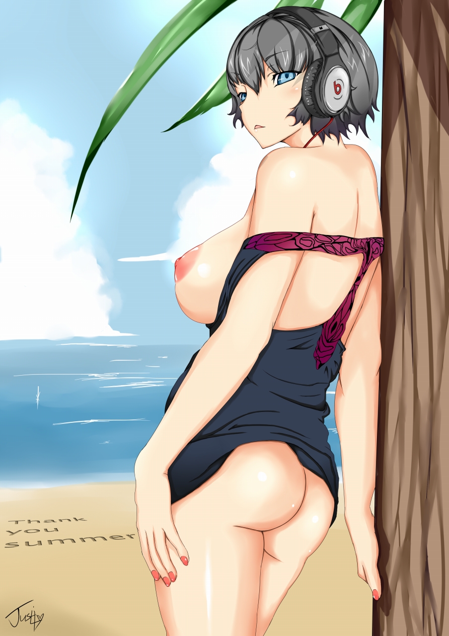 areolae ass bare_shoulders beats_by_dr._dre blue_eyes breasts grey_hair headphones highres justin_(sera_tony) large_areolae large_breasts leaning looking_back nail_polish nipples no_bra no_panties ocean off_shoulder original solo summer thank_you