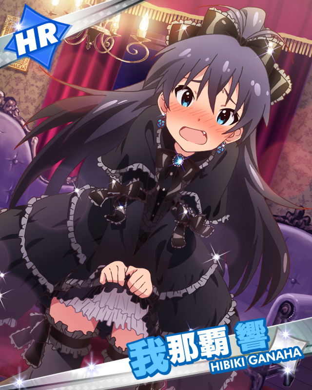 aqua_eyes black_hair blush character_name d: dress earrings fang frilled_dress frills ganaha_hibiki idolmaster idolmaster_(classic) idolmaster_million_live! jewelry long_hair looking_at_viewer official_art open_mouth ponytail solo thighhighs