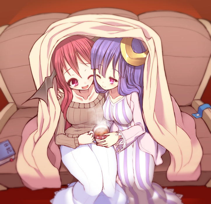;) ;d alternate_costume arm_around_shoulder bat_wings blanket blush book breasts cheek-to-cheek collarbone couch crescent crescent_hair_ornament cup dress hair_ornament hat head_wings koakuma kuresento large_breasts light_smile long_hair long_sleeves mug multiple_girls one_eye_closed open_mouth patchouli_knowledge purple_eyes purple_hair red_eyes red_hair ribbed_sweater shared_blanket sitting smile sweater touhou wings