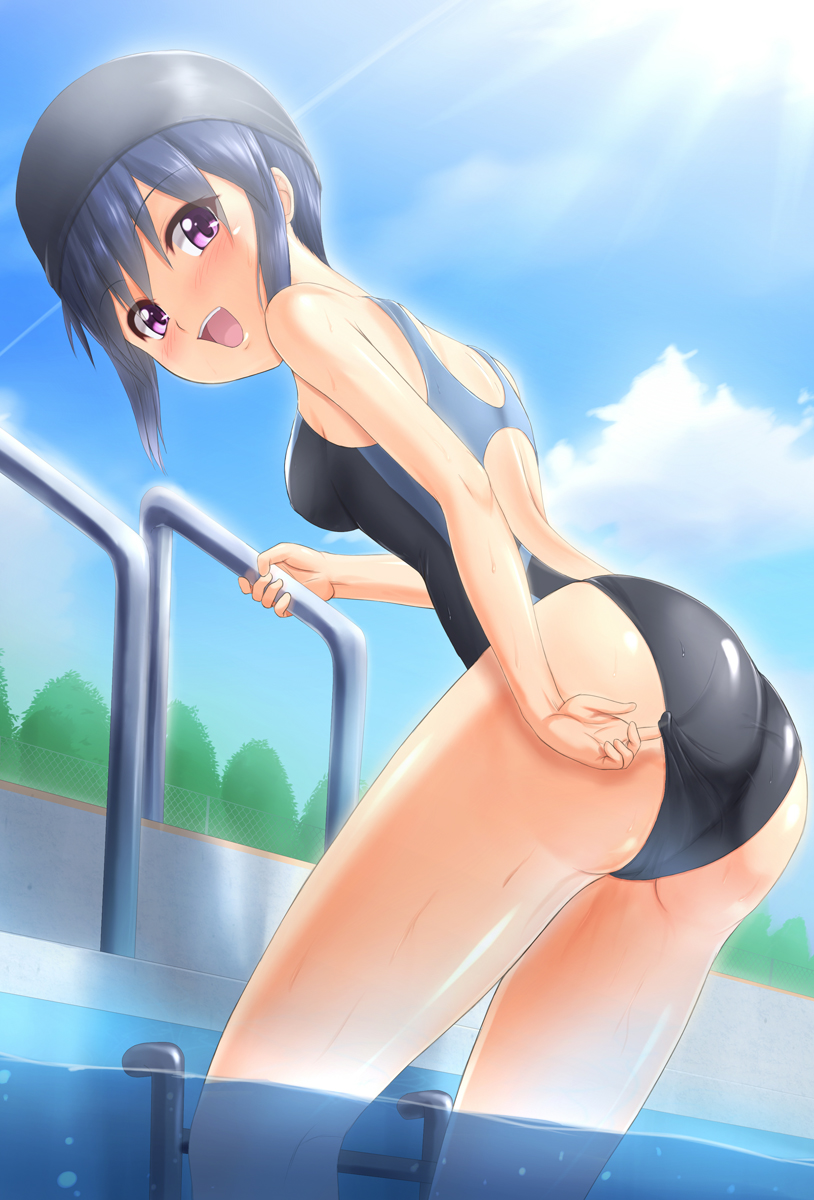 adjusting_clothes adjusting_swimsuit ass black_hair competition_swimsuit highres looking_back one-piece_swimsuit original purple_eyes short_hair swim_cap swimsuit takuya_kame water