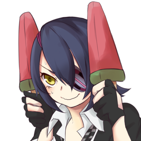 blue_hair checkered checkered_neckwear eyepatch fingerless_gloves food gloves headwear_removed kantai_collection necktie partly_fingerless_gloves popsicle puuyan_(era218) short_hair solo sweatdrop tenryuu_(kantai_collection) watermelon_bar wavy_mouth yellow_eyes