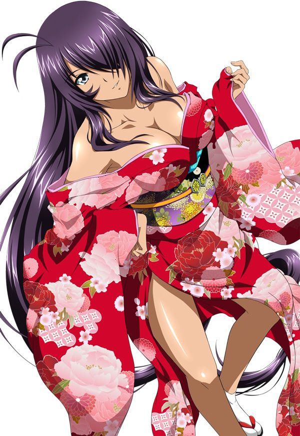 blue_eyes breasts ikkitousen japanese_clothes kan'u_unchou kanu_unchou large_breasts official_art purple_hair smile solo very_long_hair