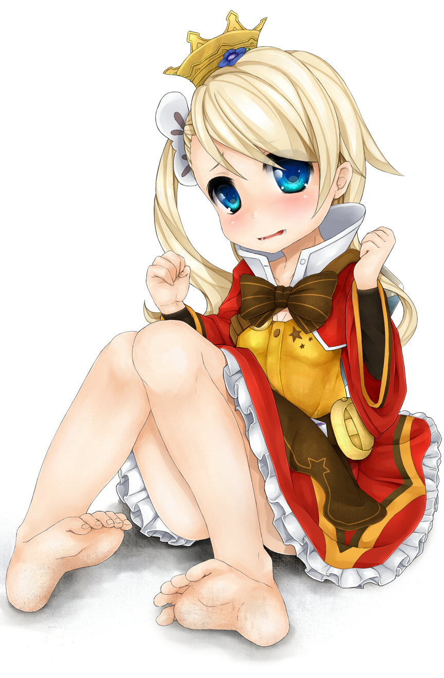 artist_request barefoot blonde_hair blue_eyes blush crown dress embarrassed feet highres ishikei_(style) long_hair looking_at_viewer petite pupuru_(sei_madou_monogatari) sei_madou_monogatari side_ponytail sitting soles solo toes