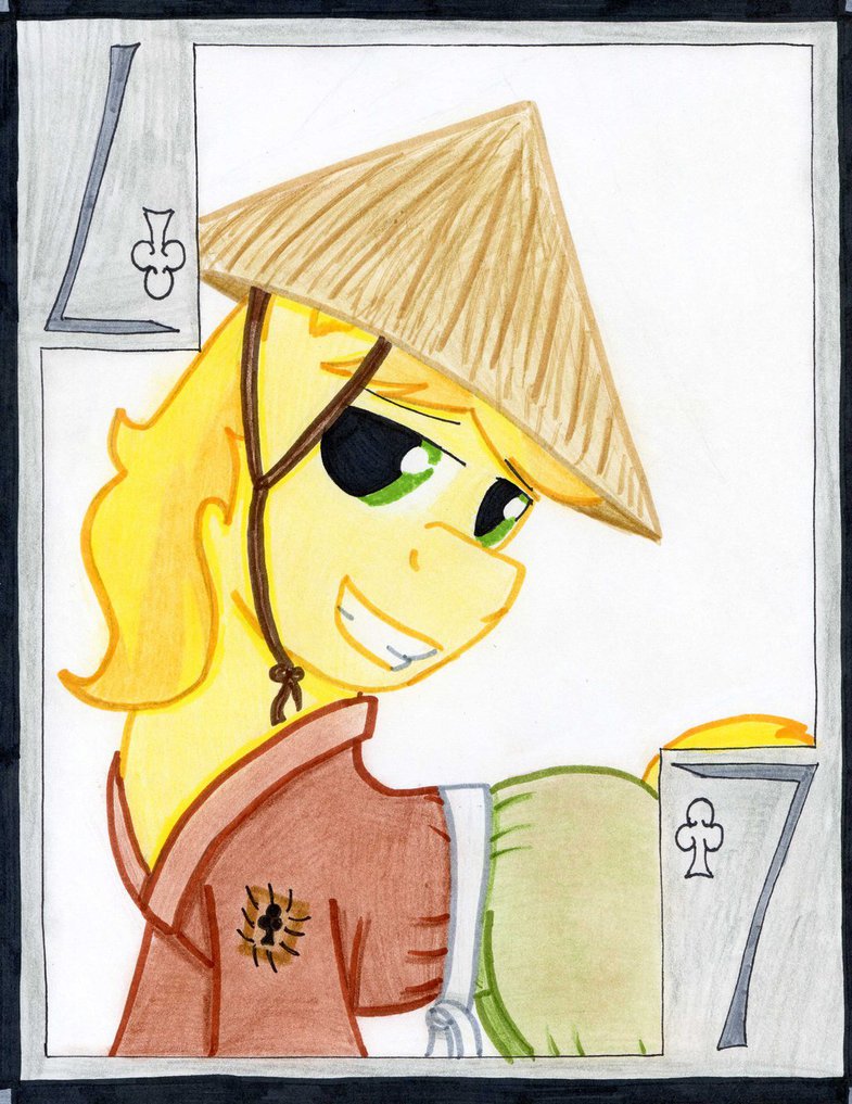 card cardstock clubs ear_piercing equine friendship_is_magic hair horse japanese_clothing kimono mammal my_little_pony piercing playing_card pony seven smile solo straw_hat the1king