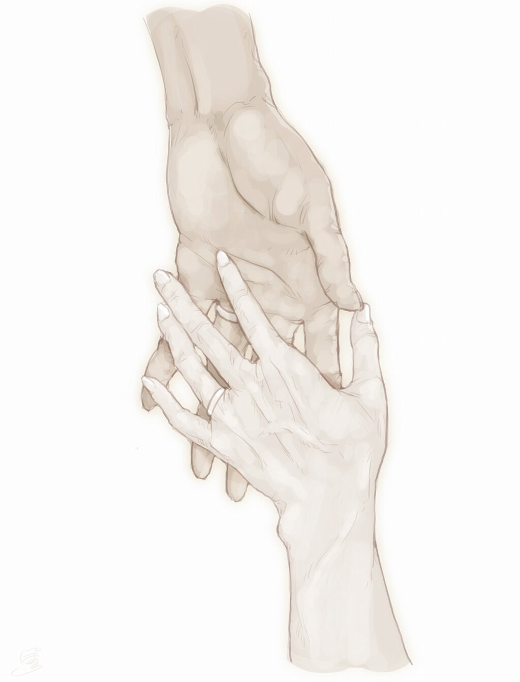 1boy 1girl commentary_request couple fingernails fingers hand_holding hands highres holding_hands jewelry monochrome original out_of_frame palms poaro reaching ring sepia signature simple_background wedding_band wedding_ring white_background wrinkled_skin