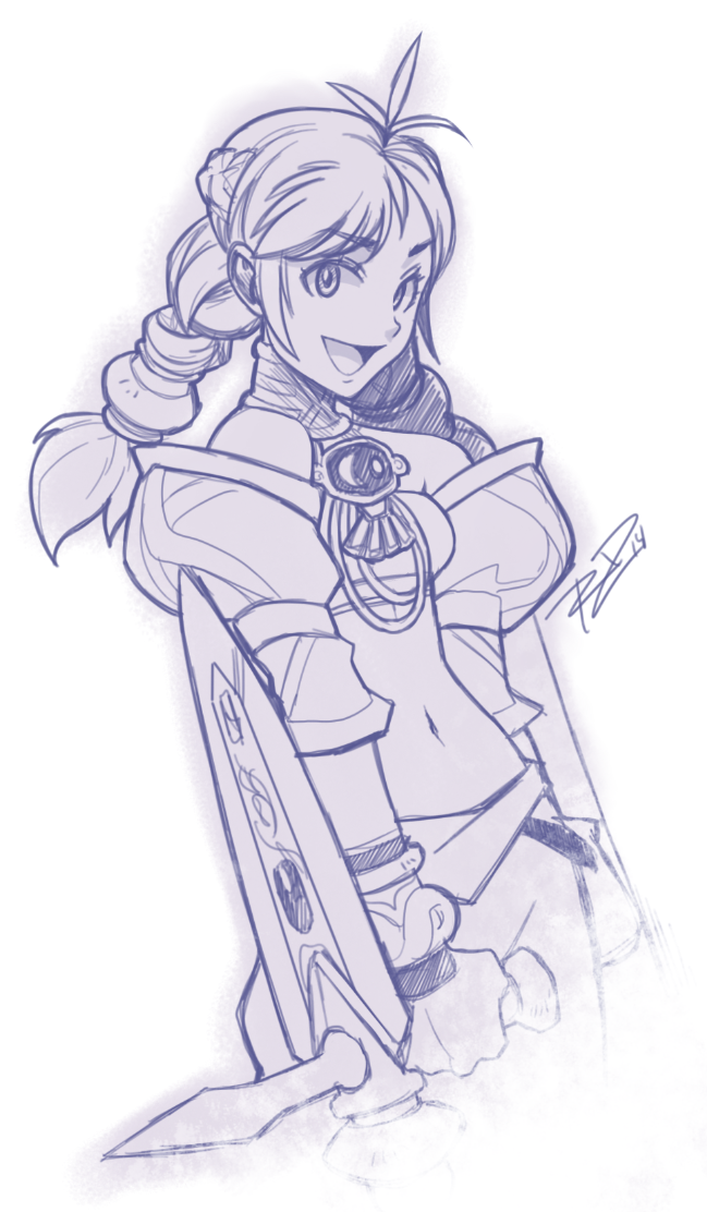 braid detached_sleeves dual_wielding holding jewelry long_hair midriff monochrome navel neck_ring robert_porter sketch smile soulcalibur soulcalibur_ii talim tonfa twin_braids weapon