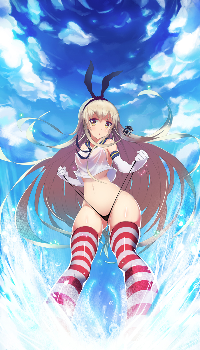 :o anchor black_legwear blonde_hair blush breasts chestnut_mouth cloud covered_nipples crop_top crop_top_overhang day elbow_gloves gloves hair_ornament hair_ribbon hairband highres holding kantai_collection long_hair md5_mismatch medium_breasts navel open_mouth panties panty_lift qin ribbon shimakaze_(kantai_collection) shiny shiny_skin sky solo striped striped_legwear thighhighs thong underwear v-shaped_eyebrows very_long_hair wedgie white_gloves yellow_eyes