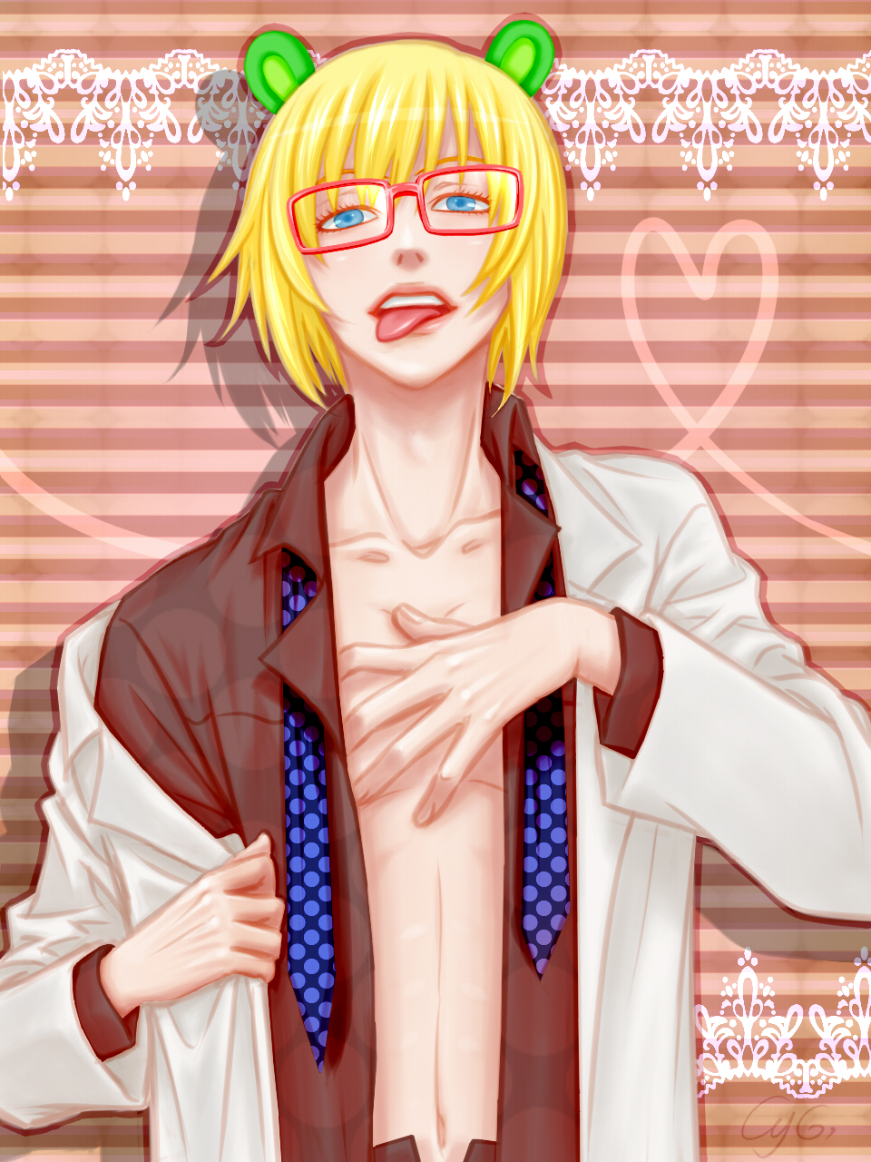 animal_ears blonde_hair blue_eyes doctor glasses highres irabu_ichirou kuuchuu_buranko labcoat male_focus necktie necktie_removed open_clothes open_shirt shirt solo tongue tongue_out