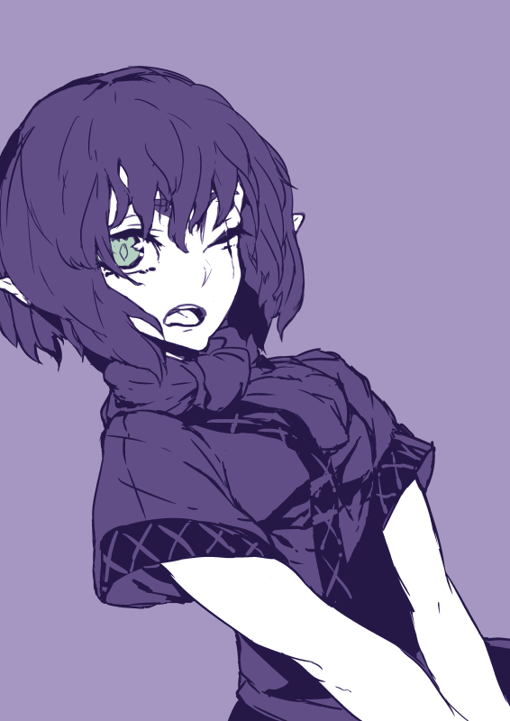 arm_warmers ascot dutch_angle green_eyes looking_at_viewer mizuhashi_parsee monochrome open_mouth pointy_ears purple_background scar scar_across_eye short_hair simple_background solo spot_color thupoppo touhou