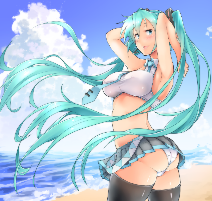 aqua_eyes aqua_hair armpits arms_up ass beach black_legwear blush breasts cloud crop_top day hair_ornament hatsune_miku kagami_uekusa large_breasts long_hair microskirt midriff necktie open_mouth outdoors panties shiny shiny_skin skirt skirt_lift sky sleeveless smile solo taut_clothes thighhighs tie_clip twintails underwear vocaloid white_panties