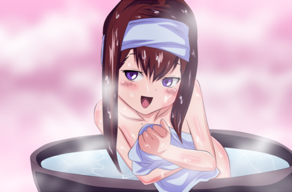 1girl amano_nene bathing bathtub blush brown_hair coloured_background digimon digimon_xros_wars nude purple_eyes smile solo steam towel water