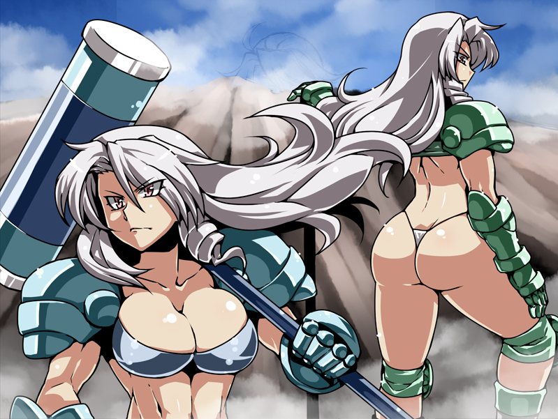 armor ass baravu_hammerhead breasts g-string hammer hammerhead_sister large_breasts long_hair multiple_girls panties queen's_axe red_eyes thong tsuki_wani underwear white_hair yurivu_hammerhead