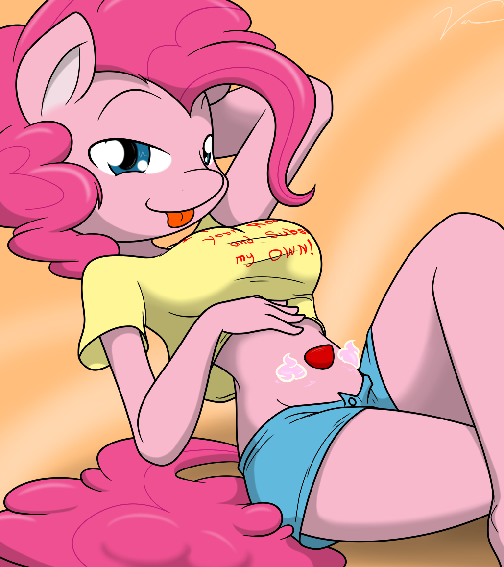 anthro anthrofied arm_behind_head belly_shirt big_breasts blue_eyes breasts closed_mouth crossed_legs equine female food food_play friendship_is_magic fur hair half-closed_eyes half_closed_eyes horse looking_at_viewer mammal mane miniskirt my_little_pony pink_fur pink_hair pinkie_pie_(mlp) pony reclining shaded short_hair signature sitting smile solo strawberry theoretical-chaos tongue tongue_out toony whipped_cream