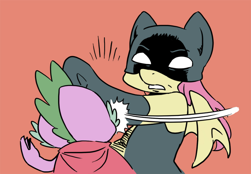 batman_(cosplay) dc_comics elbow_gloves fluttershy frown gloves long_hair mask meme motion_lines my_little_pony my_little_pony_friendship_is_magic no_humans parody parted_lips pink_hair robin_(cosplay) robin_(dc) shepherd0821 simple_background slapping spike_(my_little_pony) wings