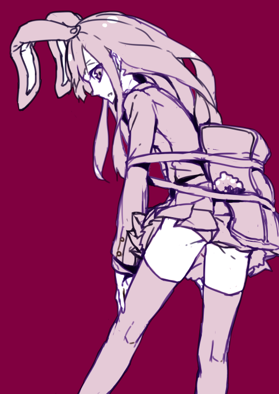 animal_ears bag bunny_ears bunny_tail buttons hand_on_own_thigh kneepits leaning_forward legs long_hair long_sleeves looking_back miniskirt monochrome panties pantyshot parted_lips pleated_skirt purple_hair red_background reisen_udongein_inaba shoulder_bag sidelocks simple_background skirt solo strap_slip tail thighhighs thupoppo touhou underwear