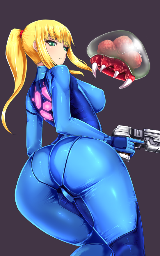 ass blonde_hair blush bodysuit breasts green_eyes gun handgun ishimiso_(ishimura) large_breasts long_hair metroid metroid_(creature) ponytail samus_aran simple_background skin_tight solo trigger_discipline weapon zero_suit