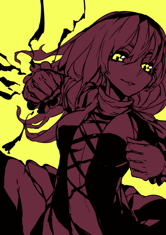 breasts clenched_hands cross-laced_clothes dress energy hijiri_byakuren incoming_punch long_hair looking_at_viewer medium_breasts monochrome reflective_eyes simple_background solo thupoppo touhou yellow_background yellow_eyes you_gonna_get_raped