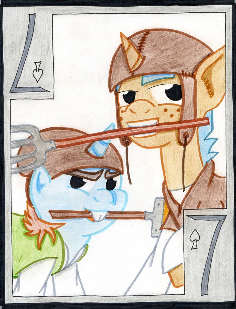 card cardstock duo equine friendship_is_magic hair horn horse mammal my_little_pony peasant playing_card rake seven smile snails_(mlp) snips_(mlp) spades teeth the1king unicorn