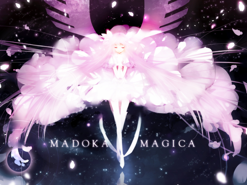boots closed_eyes copyright_name dress floating_hair gloves glowing hands_clasped kaname_madoka long_hair mahou_shoujo_madoka_magica own_hands_together petals pink_hair praying reflection revision solo space spoilers thigh_boots thighhighs ultimate_madoka very_long_hair white_dress white_gloves white_legwear wings yuukichi