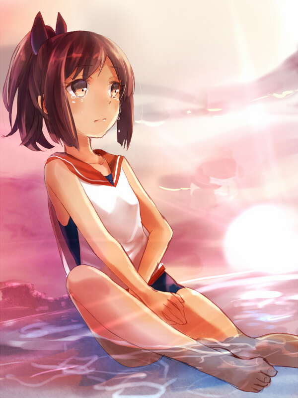bad_id bad_pixiv_id barefoot brown_eyes brown_hair hair_ribbon i-401_(kantai_collection) kantai_collection nunucco partially_submerged ponytail ribbon school_swimsuit short_hair short_ponytail sitting solo sun sunset swimsuit swimsuit_under_clothes tears water