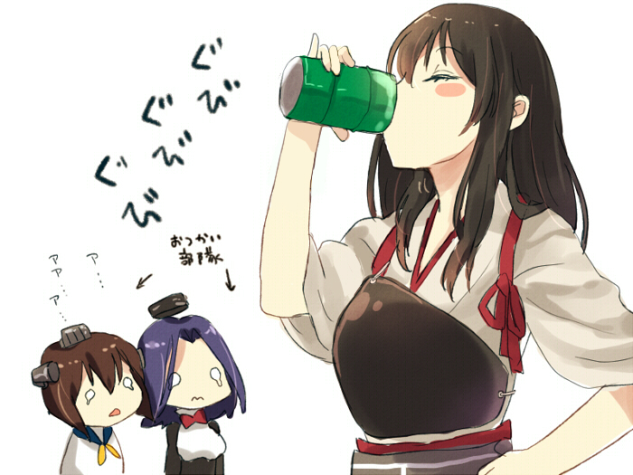 3girls akagi_(kantai_collection) bad_id bad_pixiv_id bangs blush blush_stickers brown_hair dress drink drum_(container) japanese_clothes kantai_collection long_hair mechanical_halo multiple_girls muneate nunucco pinky_out purple_hair sailor_dress short_hair side_ponytail simple_background skirt tatsuta_(kantai_collection) tears translated white_background yukikaze_(kantai_collection)