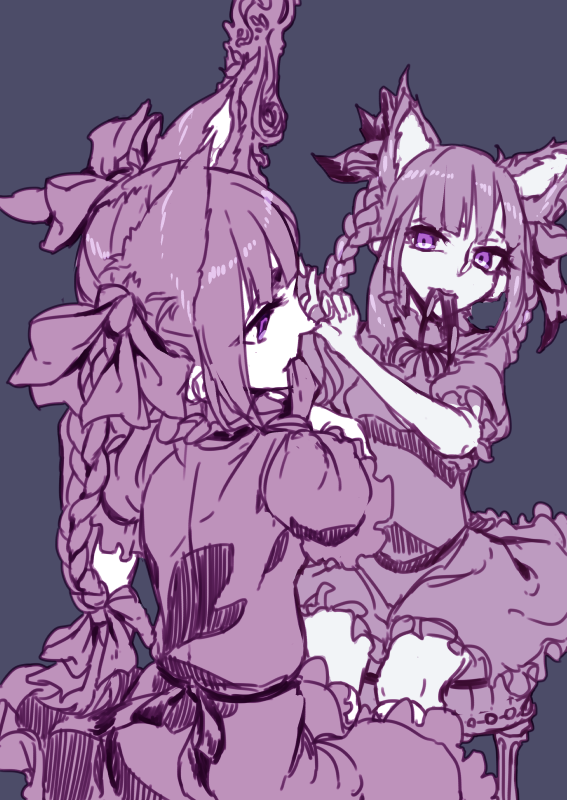 animal_ears black_bow bow braid braiding_hair cat_ears dress eyelashes from_behind hair_bow hairdressing head_tilt kaenbyou_rin looking_at_mirror mirror monochrome mouth_hold ornate purple_eyes reflection ribbon ribbon_in_mouth short_sleeves simple_background sitting solo spot_color stool thupoppo touhou twin_braids
