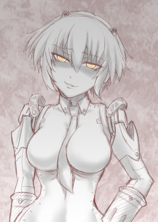 aegis_(persona) android between_breasts breasts dark_persona evil_grin evil_smile grin looking_at_viewer monochrome necktie necktie_between_breasts persona persona_3 persona_4:_the_ultimate_in_mayonaka_arena robot_joints segami_daisuke shaded_face short_hair smile smirk solo spot_color yellow_eyes