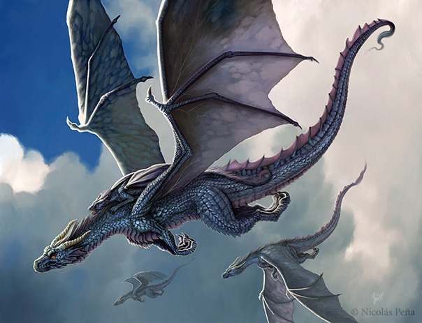 blue_scales claws cloud dragon flying group hatchling horn scalie wings
