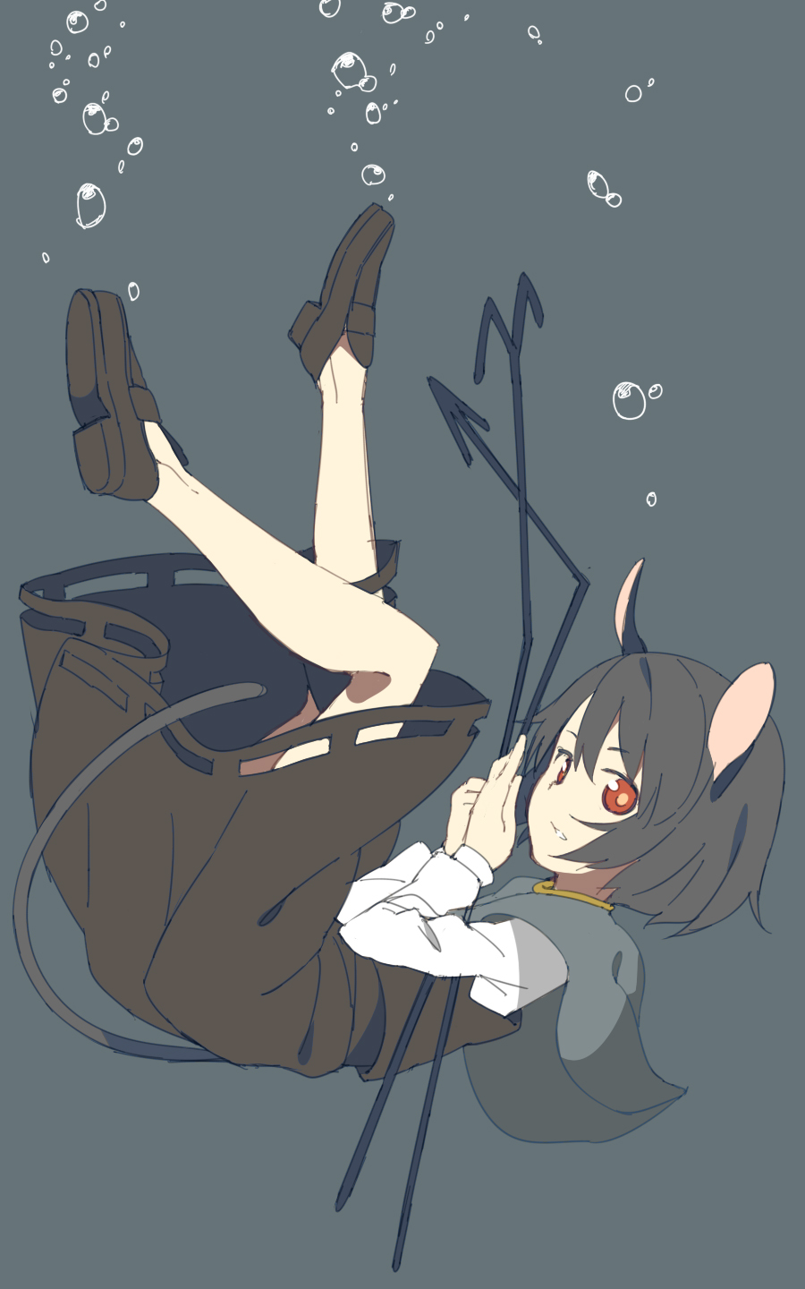 animal_ears bad_id bad_pixiv_id bubble capelet dowsing_rod dress grey_background grey_dress grey_hair highres long_sleeves looking_at_viewer mouse_ears mouse_tail nazrin red_eyes seu_kaname shirt solo tail touhou underwater upside-down