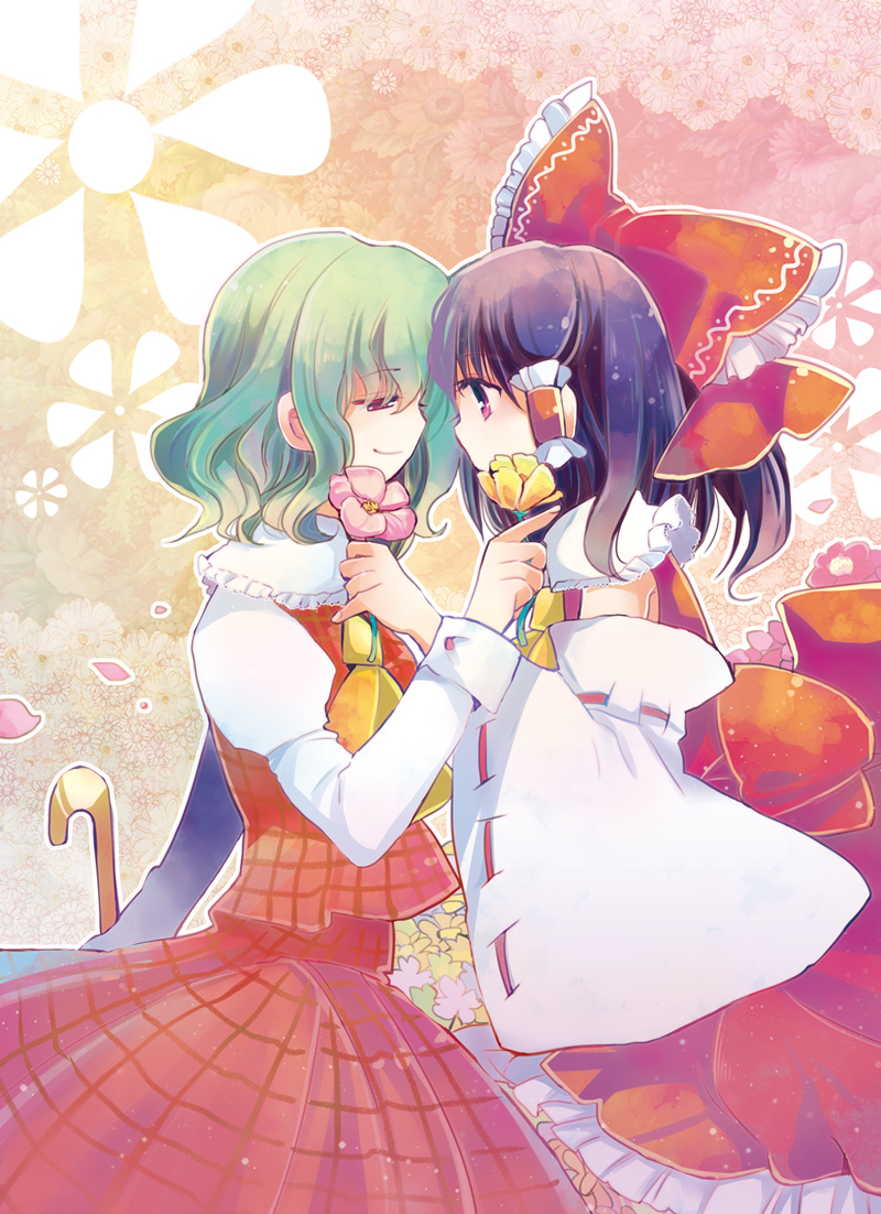 ascot black_hair bow detached_sleeves face-to-face flower forehead-to-forehead green_hair hair_bow hair_tubes hakurei_reimu half-closed_eyes juliet_sleeves kazami_yuuka long_sleeves multiple_girls pink_eyes puffy_sleeves red_eyes shirt skirt skirt_set smile suzune_yuuji touhou vest wide_sleeves yuri