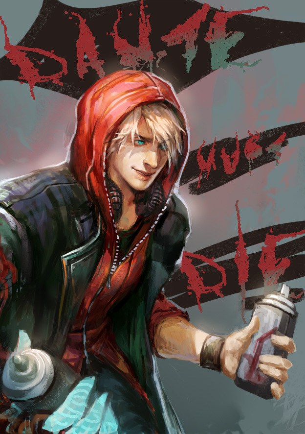 akumey blue_eyes devil_bringer devil_may_cry devil_may_cry_4 hood hoodie male_focus nero_(devil_may_cry) solo spray_can white_hair
