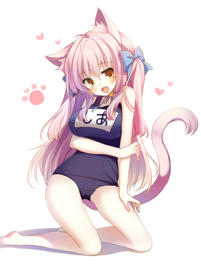 :3 :d animal_ears blush borrowed_character bow cat_ears cat_tail fang hair_bow heart kneeling long_hair name_tag one-piece_swimsuit open_mouth original paw_print pink_hair school_swimsuit shia_flatpaddy smile solo swimsuit tail two_side_up yamcha_(cocololi)