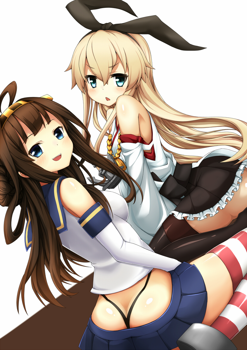 :&lt; ahoge bare_shoulders black_panties blonde_hair blush brown_hair butt_crack cosplay costume_switch detached_sleeves double_bun elbow_gloves gloves hair_ornament hairband jampen japanese_clothes kantai_collection kongou_(kantai_collection) long_hair looking_back multiple_girls open_mouth panties shimakaze_(kantai_collection) shiny shiny_skin striped striped_legwear thighhighs thong underwear