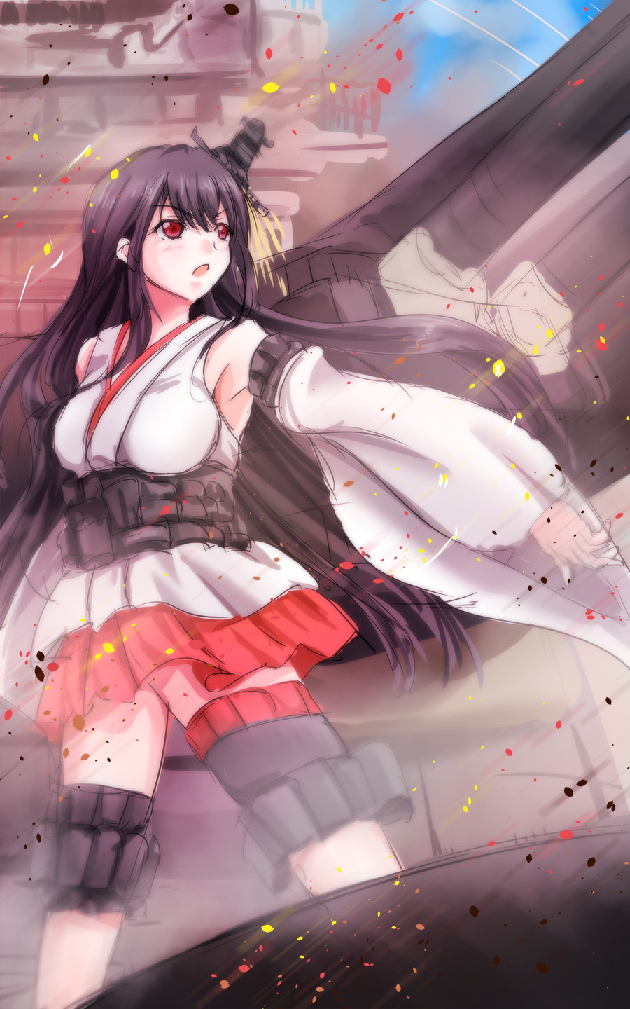 bare_shoulders black_hair breasts detached_sleeves fusou_(kantai_collection) hair_ornament highres japanese_clothes kantai_collection large_breasts long_hair nontraditional_miko open_mouth red_eyes solo tsukineko