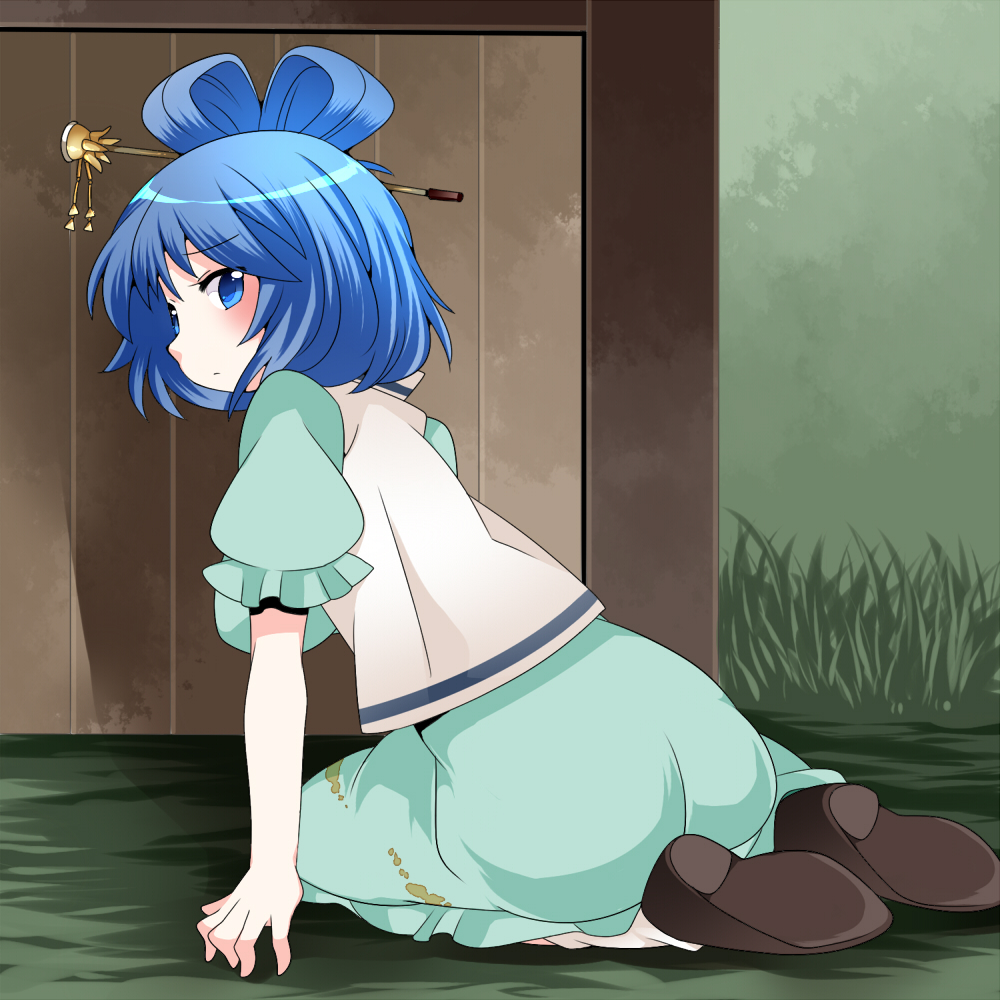 ass back blue_eyes blue_hair breasts commentary dress grass hair_ornament hair_rings hair_stick hammer_(sunset_beach) kaku_seiga large_breasts looking_back short_hair solo touhou vest