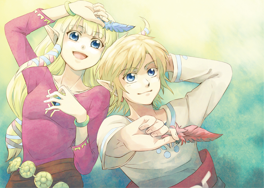 1girl blonde_hair blue_eyes bracelet earrings feathers jewelry link long_hair lying princess_zelda saiba_(henrietta) smile the_legend_of_zelda the_legend_of_zelda:_skyward_sword