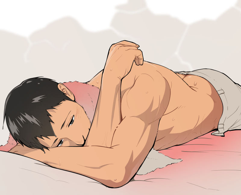 bertolt_hoover biceps blush brown_eyes brown_hair butt_crack itto_(mentaiko) lying male_focus muscle on_stomach pants shingeki_no_kyojin shirtless smile solo towel unbuttoned wet