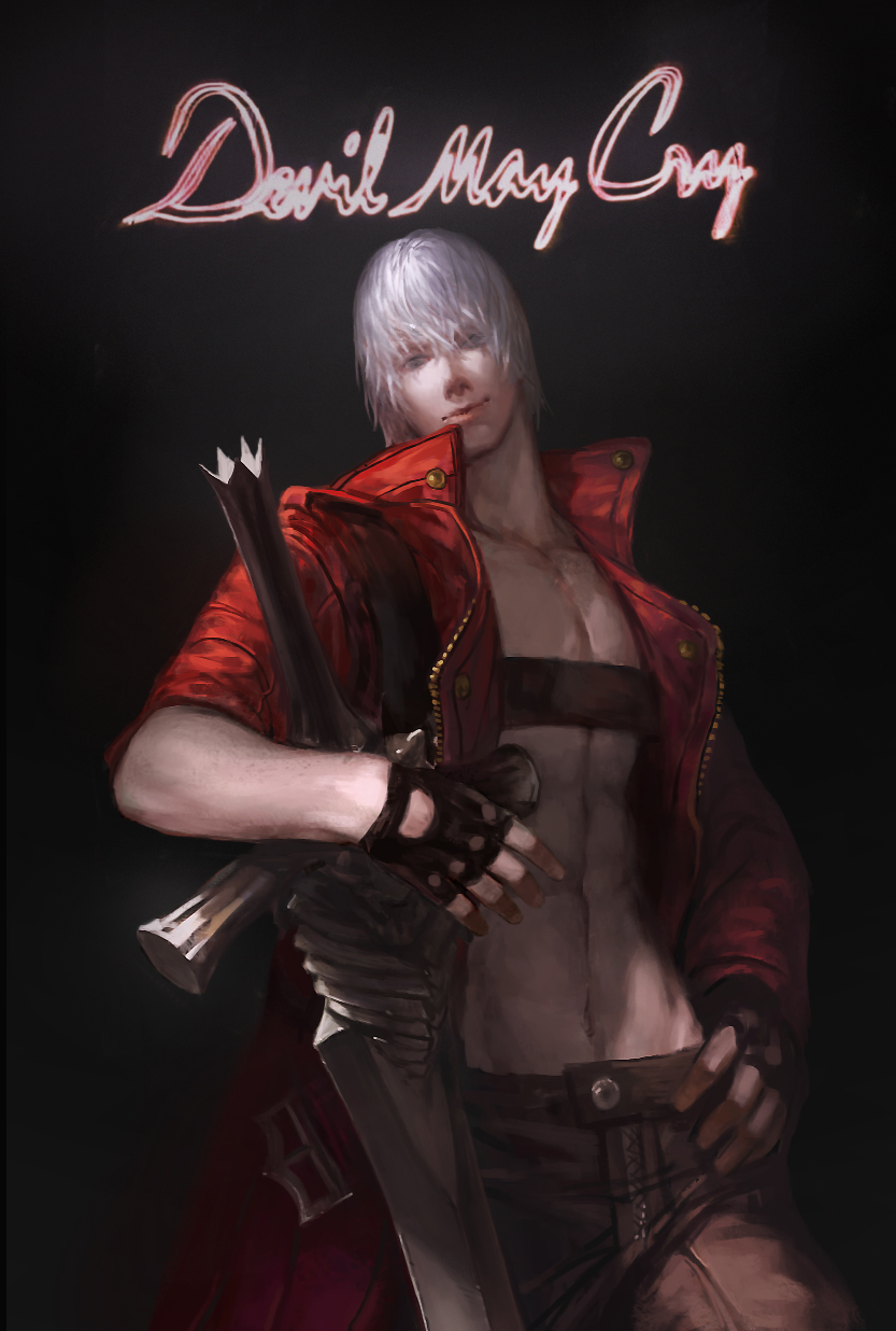 akumey dante_(devil_may_cry) devil_may_cry devil_may_cry_3 fingerless_gloves gloves highres jacket long_coat male_focus realistic rebellion_(sword) red_jacket solo sword weapon white_hair