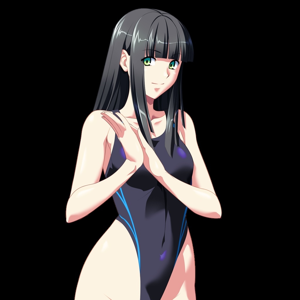 1girl arms bare_shoulders black_background black_hair bust collarbone competition_swimsuit ears female fingernails game_cg green_eyes hands_together highleg highleg_swimsuit hime_cut hips kikutei_nanno long_hair looking_at_viewer multicolored_eyes one-piece_swimsuit shiruzaru simple_background solo standing swimsuit tokunou_shirumamire! upper_body