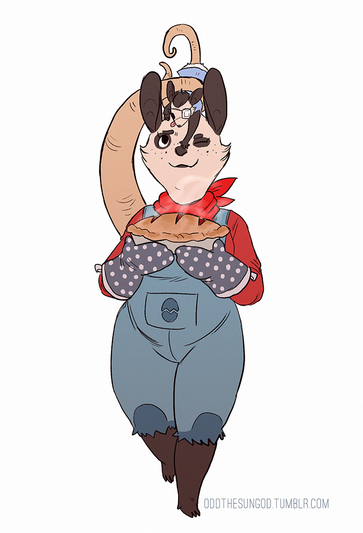 child clothing eye_patch eyewear female lily_opossum mammal marsupial mother opossum overalls parent pie plain_background poppy_o_possum poppy_opossum poppy_opossum_(character) solo white_background young