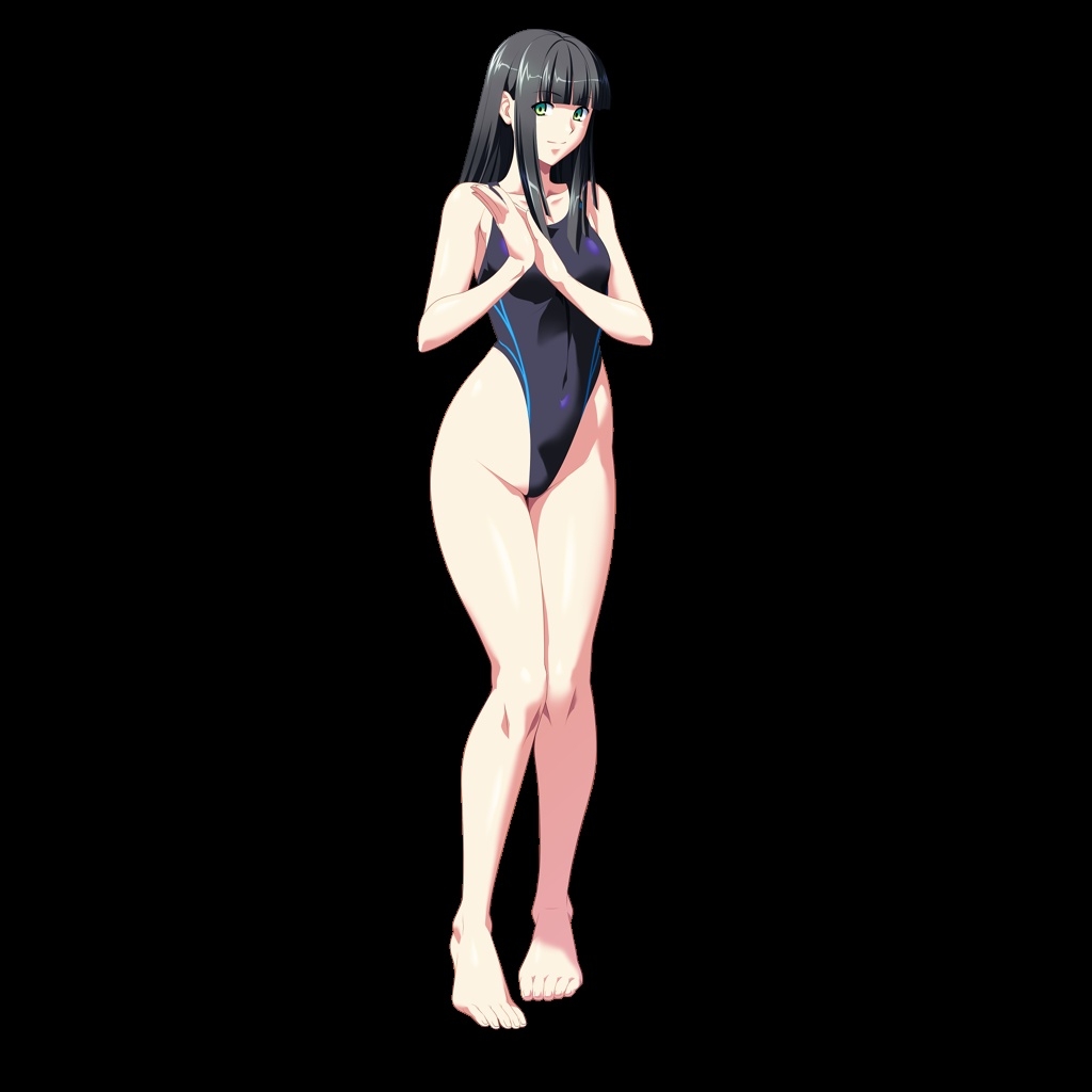 1girl bare_shoulders barefoot black_background black_hair clothed_navel collarbone competition_swimsuit ears feet female full_body game_cg green_eyes hands_together highleg highleg_swimsuit hime_cut hips kikutei_nanno legs long_hair looking_at_viewer multicolored_eyes one-piece_swimsuit shiruzaru simple_background solo standing swimsuit thigh_gap thighs toes tokunou_shirumamire!