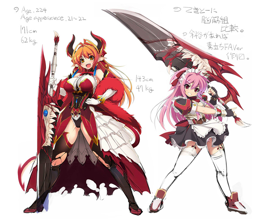 anneroze_siryou antenna_hair bare_shoulders breasts claymore_maid demon_girl demon_tail elbow_gloves feather_boa fingerless_gloves garter_straps gloves grin hand_on_hip horns huge_breasts huge_weapon long_hair maid maid_headdress mel/a multiple_girls orange_eyes orange_hair over_shoulder pink_hair pointy_ears ponytail red_eyes revision shingeki_no_bahamut smile sword sword_over_shoulder tail thighhighs translation_request weapon weapon_over_shoulder