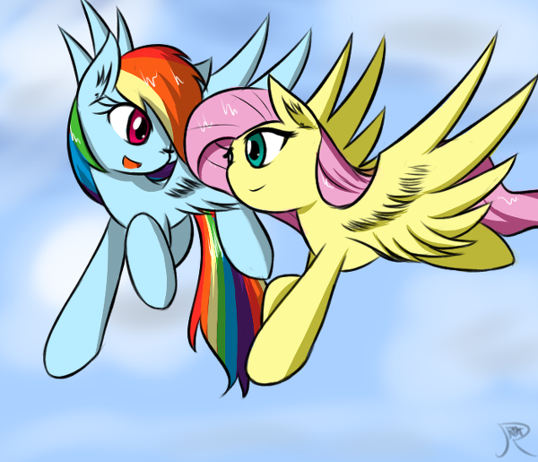 clouds cyan_body cyan_eyes day duo equine feathers female fluttershy_(mlp) flying friendship_is_magic fur hair horse long_hair mammal multi-colored_hair my_little_pony one_eye_closed outside pegasus pink_hair pony rainbow_dash_(mlp) rainbow_hair rainbow_tail ranban red_eyes sky wings yellow_fur