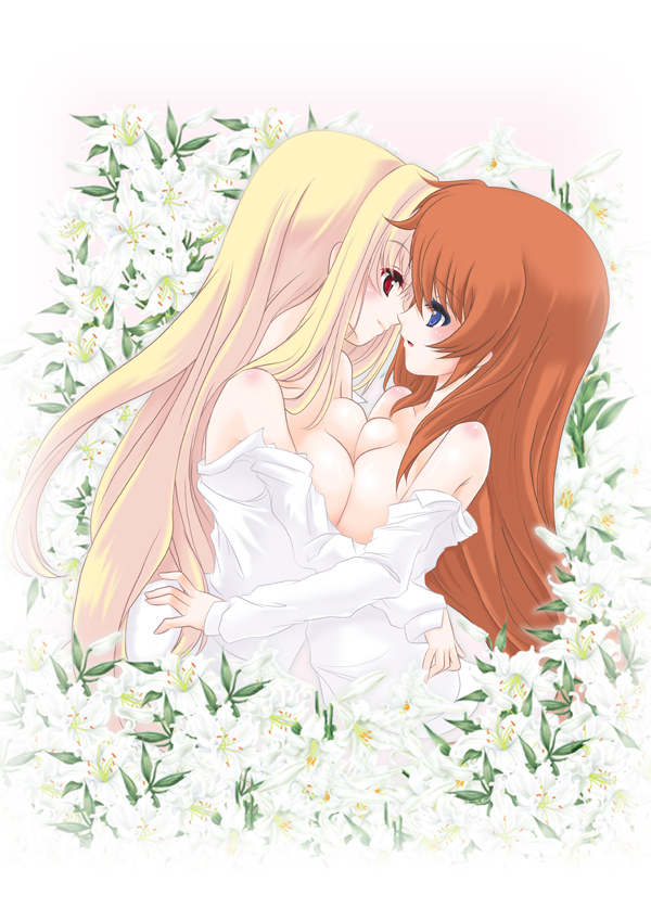 bare_shoulders blonde_hair blue_eyes blush breast_press breasts couple eye_contact fate_testarossa flower frapowa lily_(flower) long_hair looking_at_another lyrical_nanoha mahou_shoujo_lyrical_nanoha medium_breasts multiple_girls no_bra open_mouth red_eyes red_hair revision symmetrical_docking takamachi_nanoha yuri
