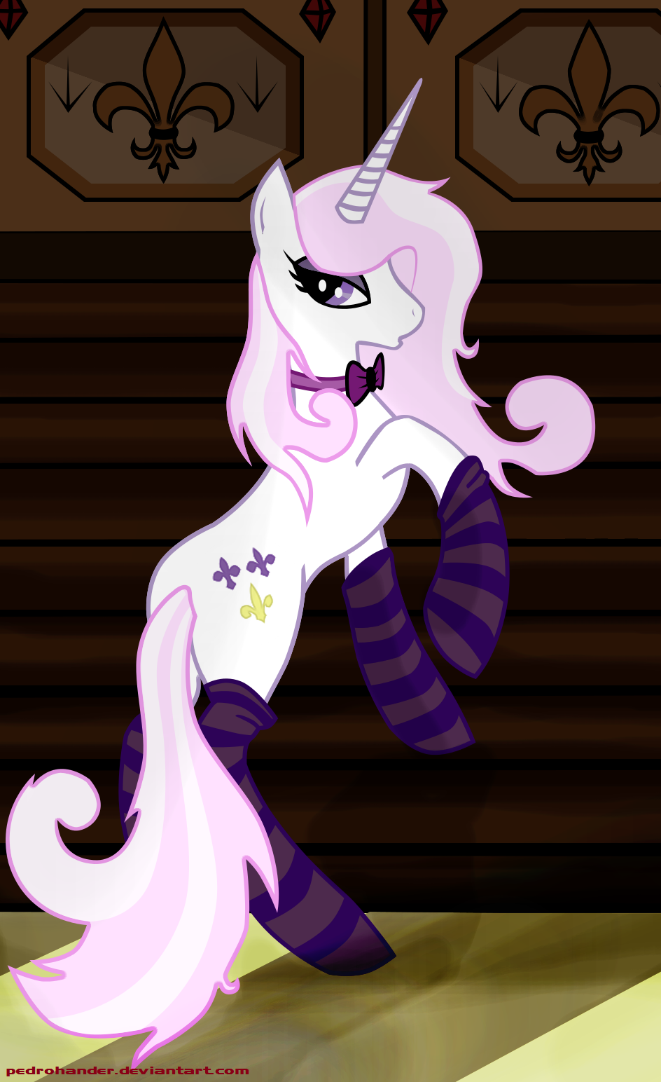 all_fours back_turned bow_tie butt cutie_mark equine female fleur-de-lis fleur_de_lis_(mlp) friendship_is_magic from_behind fur hair horn horse indoor looking_at_viewer mammal my_little_pony open_mouth pedrohander pink_hair pony purple_eyes safe socks solo staircase two_tone_hair unicorn white_fur white_hair