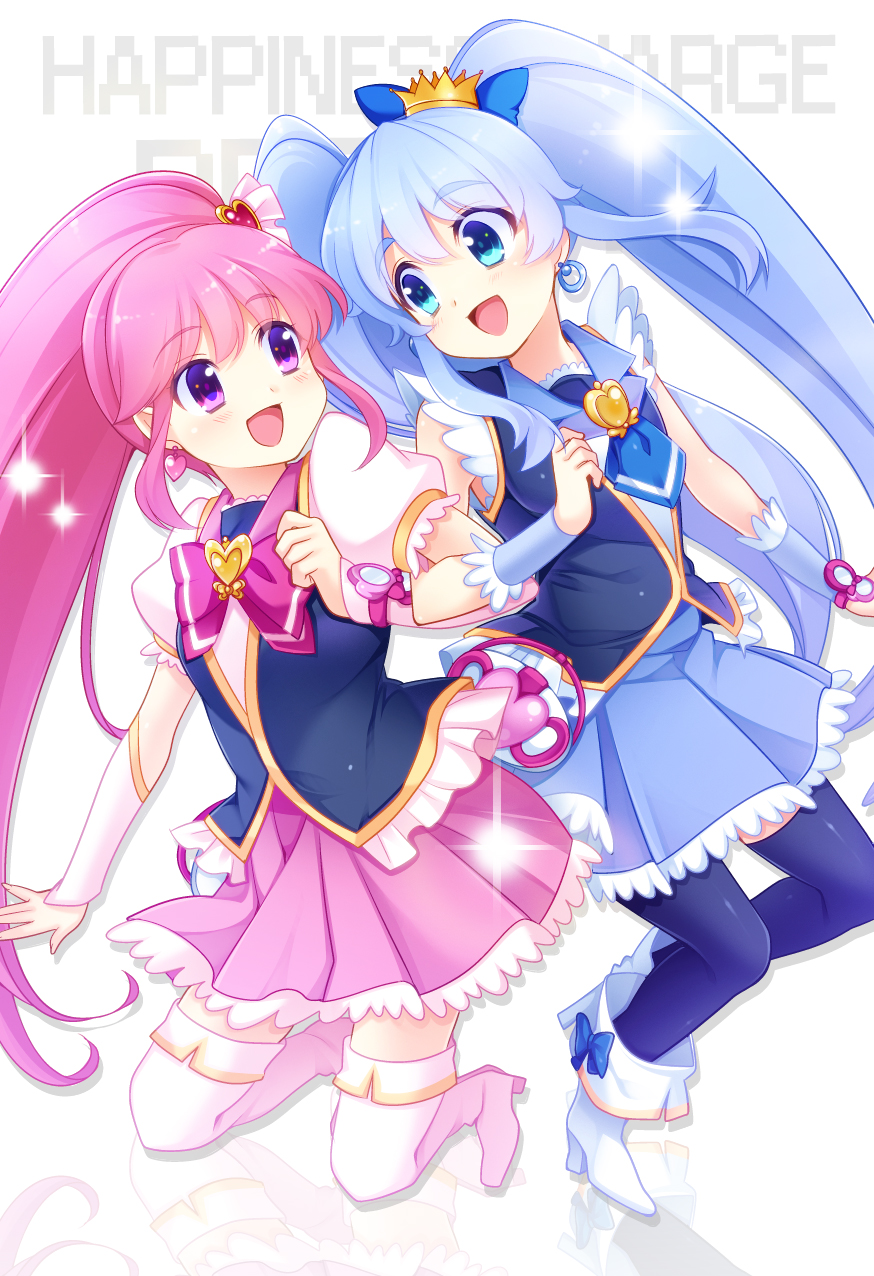 :d aino_megumi blue_eyes blue_hair blue_legwear blue_skirt boots bow copyright_name cure_lovely cure_princess earrings eyebrows eyelashes hair_ornament happinesscharge_precure! happy heart high_heels highres jewelry long_hair looking_at_another magical_girl miyamakoume multiple_girls open_mouth pink_bow pink_eyes pink_hair pink_skirt ponytail precure puffy_sleeves ribbon shirayuki_hime shirt skirt smile thigh_boots thighhighs twintails wide_ponytail wrist_cuffs zettai_ryouiki