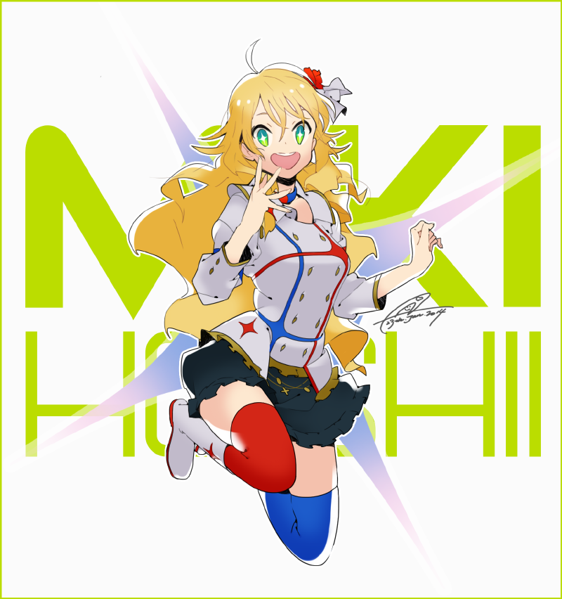 bad_id bad_pixiv_id blonde_hair choker costume green_eyes hair_ornament hoshii_miki idolmaster idolmaster_(classic) long_hair p_(ilu) smile solo starpiece_memories